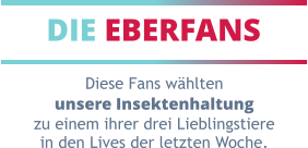 DIE EBERFANS Diese Fans wählten unsere Insektenhaltung zu einem ihrer drei Lieblingstiere in den Lives der letzten Woche.