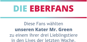 DIE EBERFANS Diese Fans wählten unseren Kater Mr. Green zu einem ihrer drei Lieblingstiere in den Lives der letzten Woche.