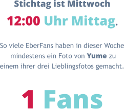 Stichtag ist Mittwoch 12:00 Uhr Mittag. So viele EberFans haben in dieser Woche  mindestens ein Foto von Yume zu  einem ihrer drei Lieblingsfotos gemacht.  1 Fans