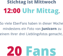 Stichtag ist Mittwoch 12:00 Uhr Mittag. So viele EberFans haben in dieser Woche  mindestens ein Foto von Junicorn zu  einem ihrer drei Lieblingsfotos gemacht.  20 Fans