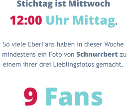 Stichtag ist Mittwoch 12:00 Uhr Mittag. So viele EberFans haben in dieser Woche  mindestens ein Foto von Schnurrbert zu  einem ihrer drei Lieblingsfotos gemacht.  9 Fans