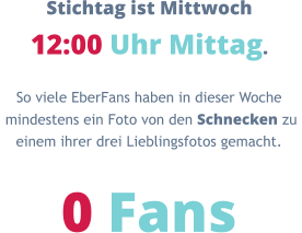 Stichtag ist Mittwoch 12:00 Uhr Mittag. So viele EberFans haben in dieser Woche  mindestens ein Foto von den Schnecken zu  einem ihrer drei Lieblingsfotos gemacht.  0 Fans